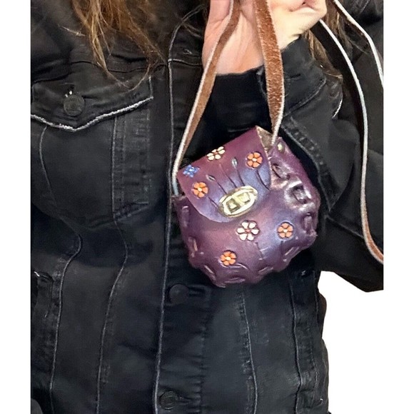 cute small mexico leather bag purple shoulder artisan painted boho hippie cool - Picture 1 of 13